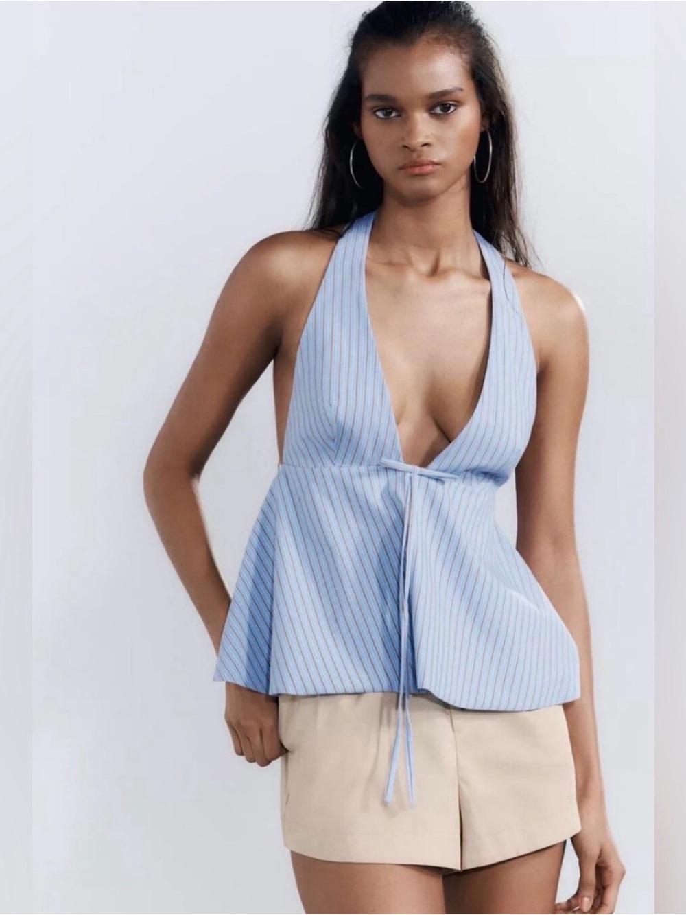 Zara Blue Pinstripe Open Back Halter Top Size S NWT
